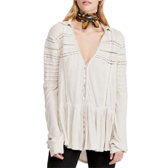 Free People Set to Stun Tunic Top Small White Lace Cotton Linen Cottage Boho - Picture 3 of 15